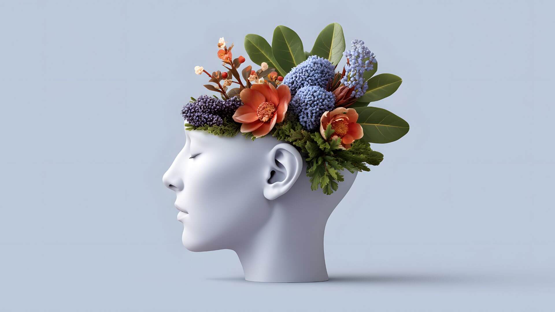 Abstract illustration of a human head with flowers — representing a holistic approach to health in functional medicine