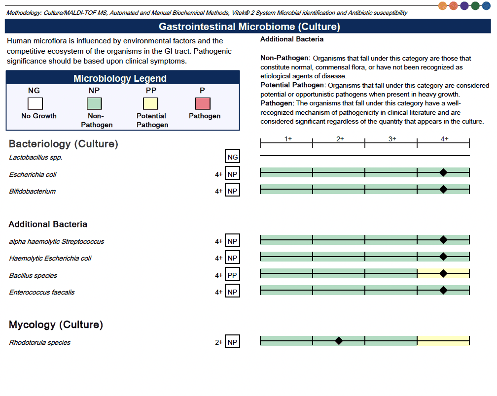 Sample Genova comprehensive stool test results showing gut microbiome markers and digestive function